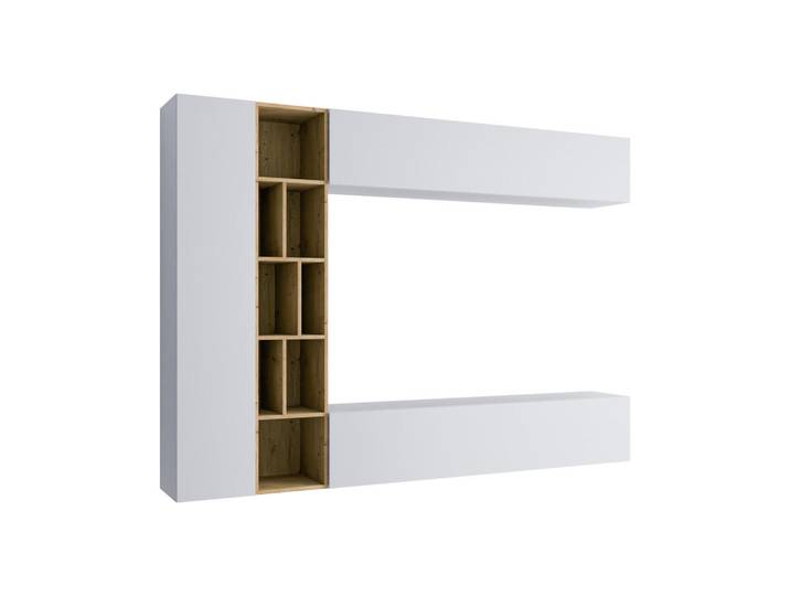 Mirjan24 Wohnwand Kodita, Weiß, Beige, Rechteckig, 224x160x33 cm, Wohnzimmer, Wohnwände