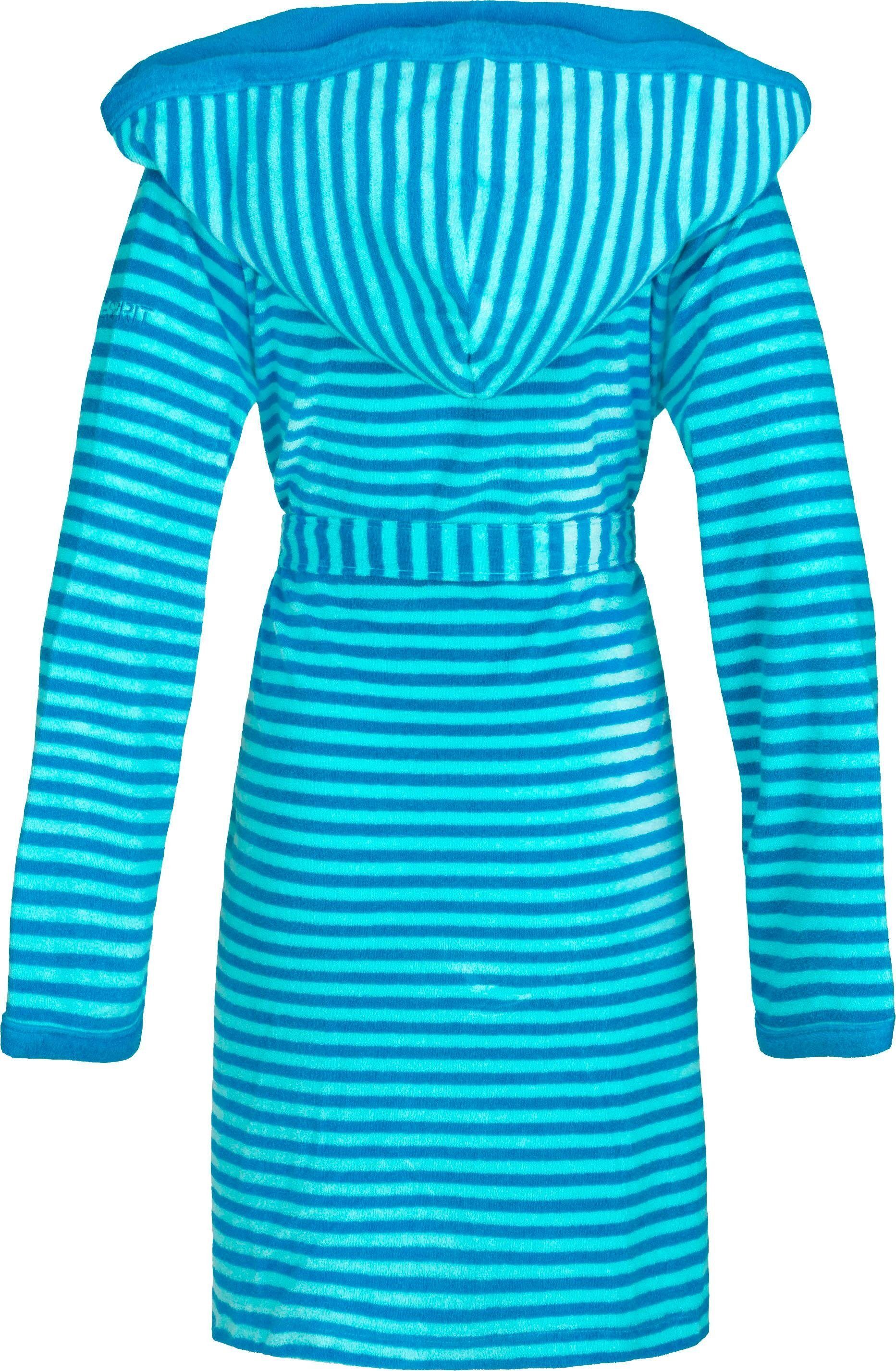 Damenbademantel ESPRIT "Striped Hoody, ideal für Sauna & Spa, Hotelbademantel, Morgenmantel" Gr. L, blau (turquoise), L:97cm, Rundstrickware, Hausmäntel, Damenbademantel, mit Kapuze, gestreift turquoise L L: 97cm