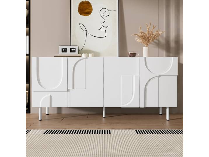 Buffet géométrique moderne, avec courbes irrégulières, armoire de salon, rangement multiple et blanc élégant, minimalisme et moderne