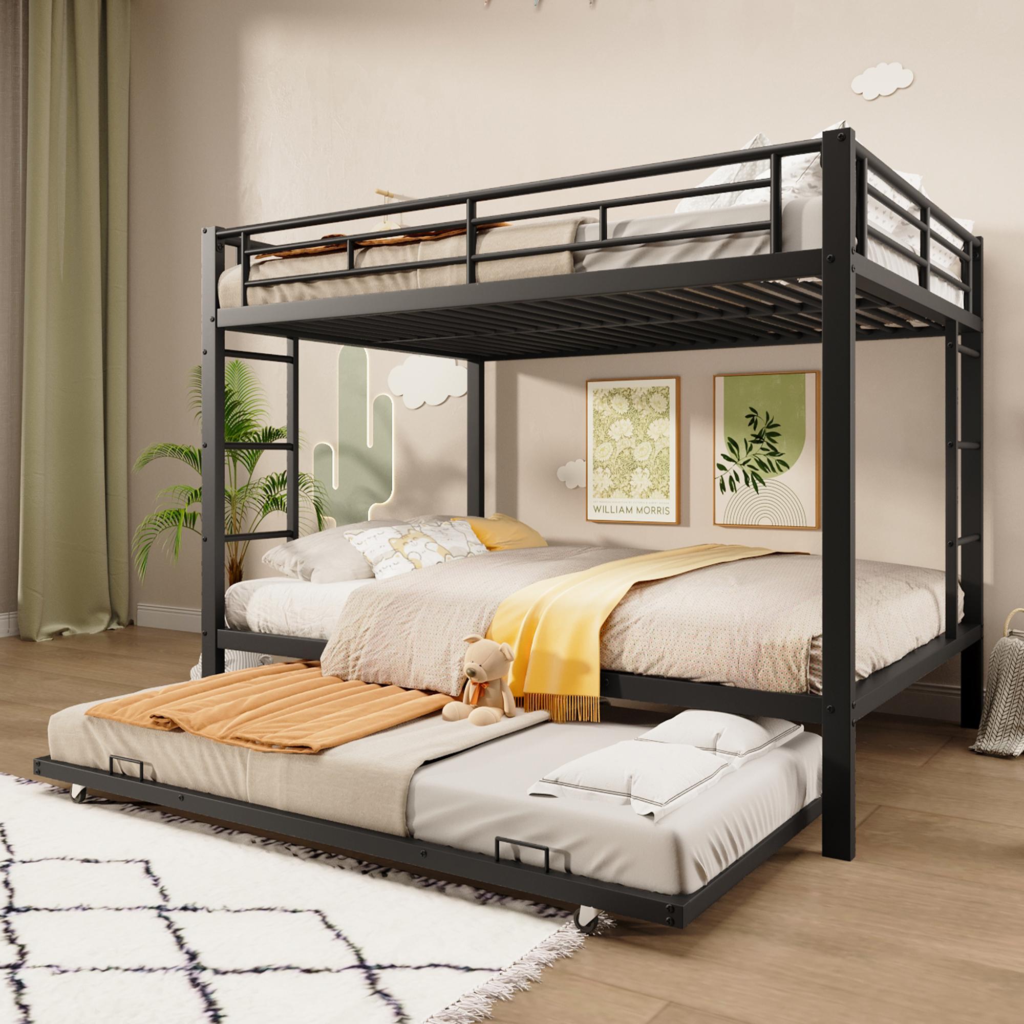 Sweiko 140x200cm Etagenbett, Eisenrahmenbett, Kinderbett, ausgestattet mit Ausziehbett, hohe Geländer,ohne Matratze, Schwarz