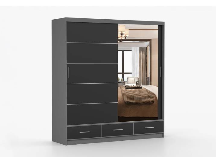 Schwebetürenschrank FLORENCE 203 cm Grau Schwarz + Spiegel