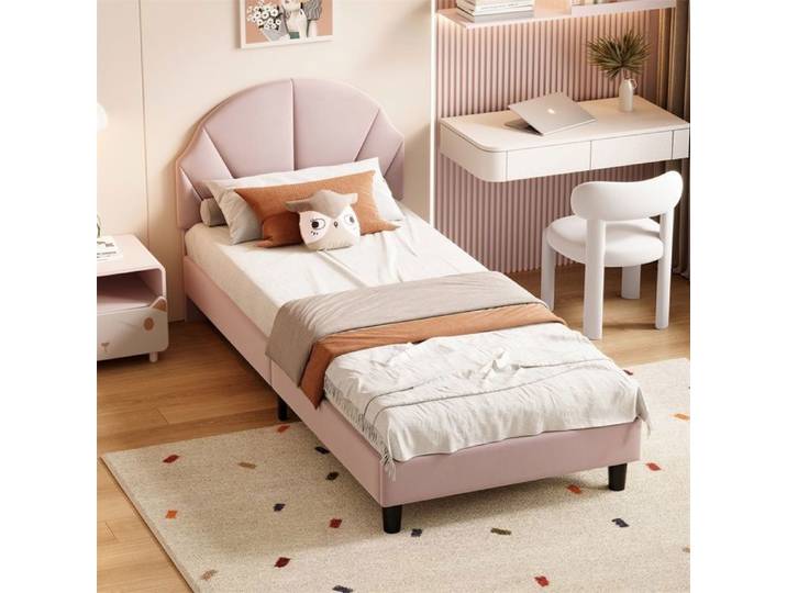 Lit enfant 90 x 200 cm - Lit simple 90 x 200 cm - Tête de lit réglable en velours - Sans matelas - Rose