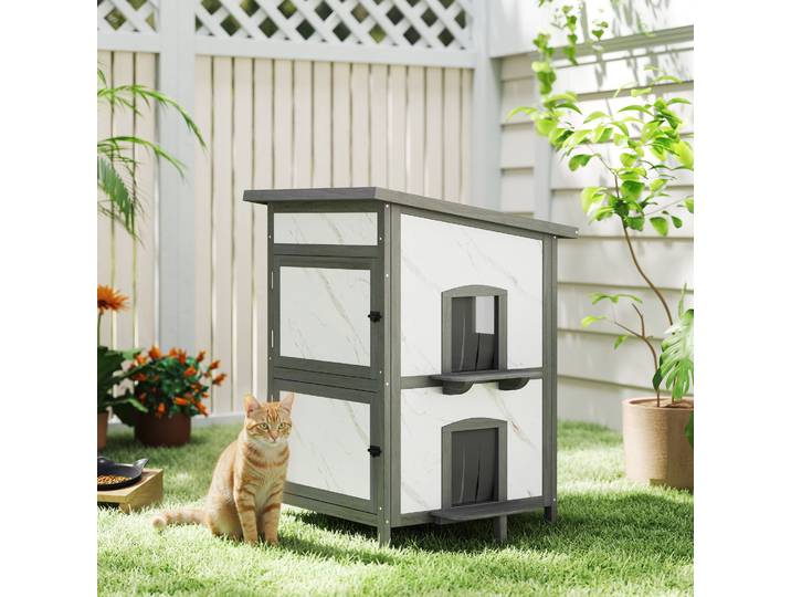 PawHut Maison Chat Extérieur Bois Imperméable Blanc 60x60x88 cm