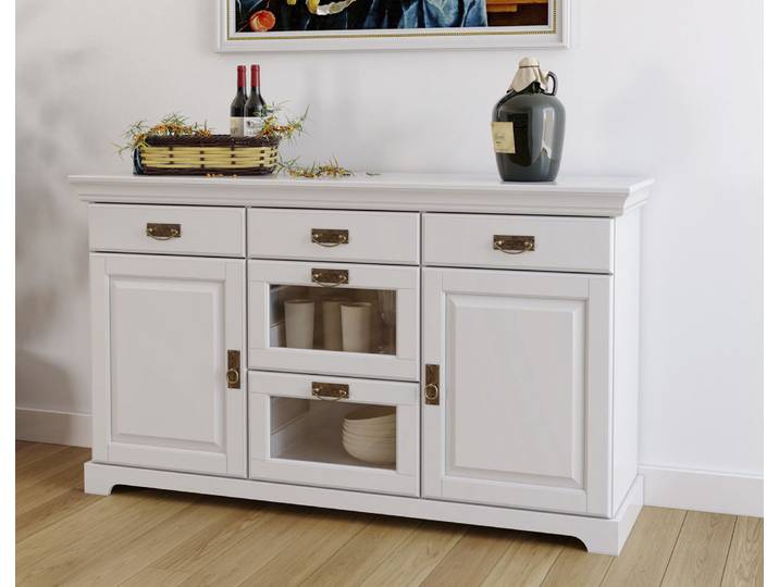 Sideboard GOODPRODUCT Rügen Kommode mit 2 Türen, 5 Schubläden mit Metallgriffen , weiss (weiß, lackiert), B:145cm H:85cm T:40cm, Massivholz, Sideboards, Sideboard, Kommode aus massiver Kiefer, Schubladen mit Glaseinsatz, Metallgriffe