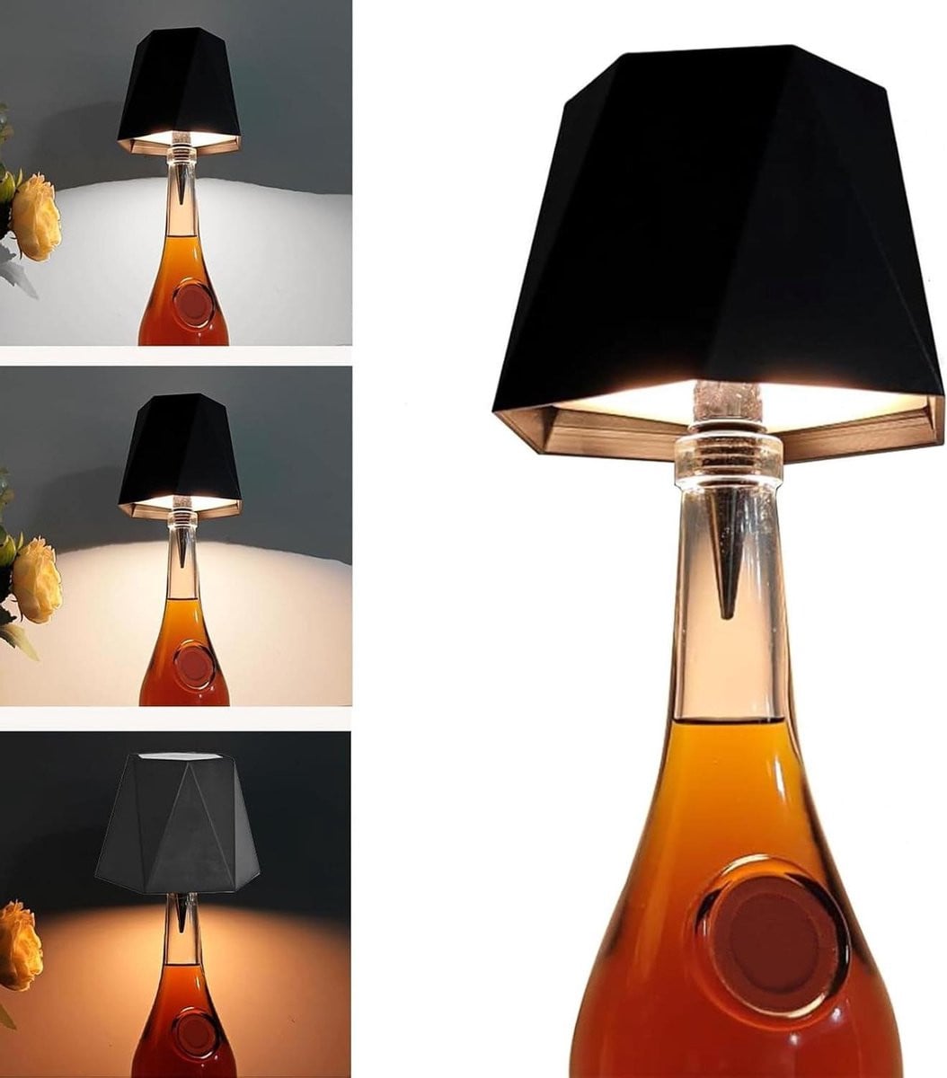Draadloze LED Fleslamp met Bamboe Accent en USB-oplaadbaar - Zwart - Hoogte: 13 cm