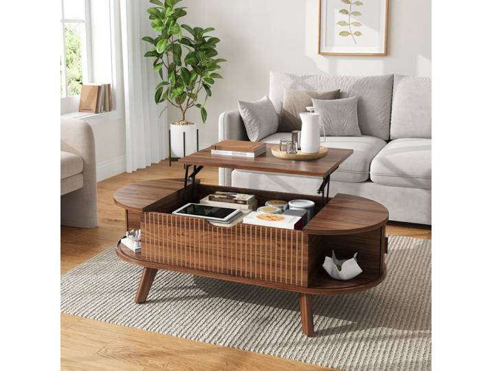 Table basse relevable avec rangement table basse ovale multifonction portes coulissantes Teinte noyer