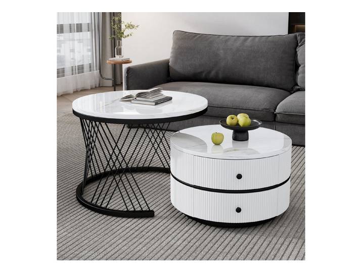 IDEASY Couchtisch Elegantes 2-teiliges, weißes in Nestform, 60*60*46cm & 50*50*30.8cm, (runde Tische mit hochglänzender Marmoroptik, 2 Schubladen), bis 30kg belastbar,Nesting-Kombination Couchtisch