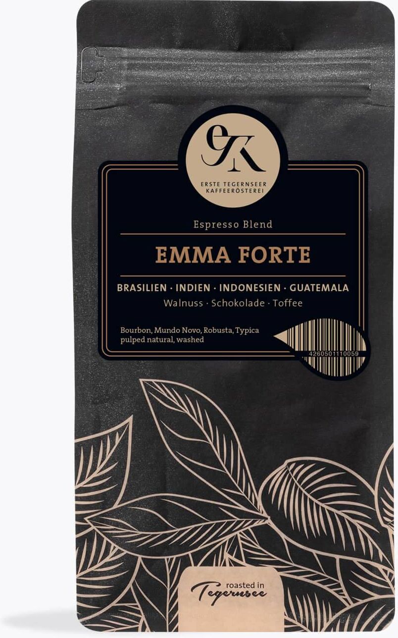 Erste Tegernseer Kaffeerösterei Espresso Emma Forte 250 g   Ganze Bohne   Indien, Indonesien, Brasilien, Guatemala 60% Arabica für Cappuccino