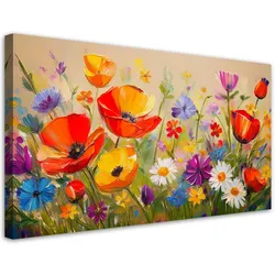LEINWANDBILD Bunte Mohnblumen auf der Wiese 120x60cm