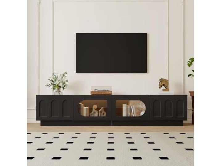 TV Lowboard Fernsehschrank 180cm, LED Licht APP Steuerung, Glastür Bogentür TV Board mit Kabeldurchlass, TV Kommode mit Verstecktem Stauraum, Lowboard Stehend für Wohnzimmer, Spanplatte MDF