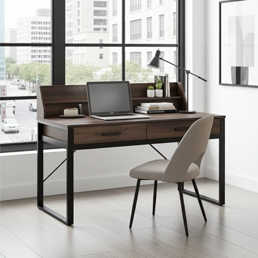 Rio Aireon Steel Computer Desk Dark Brown Walnut Effect 97cm H X 106cm W X 53cm D