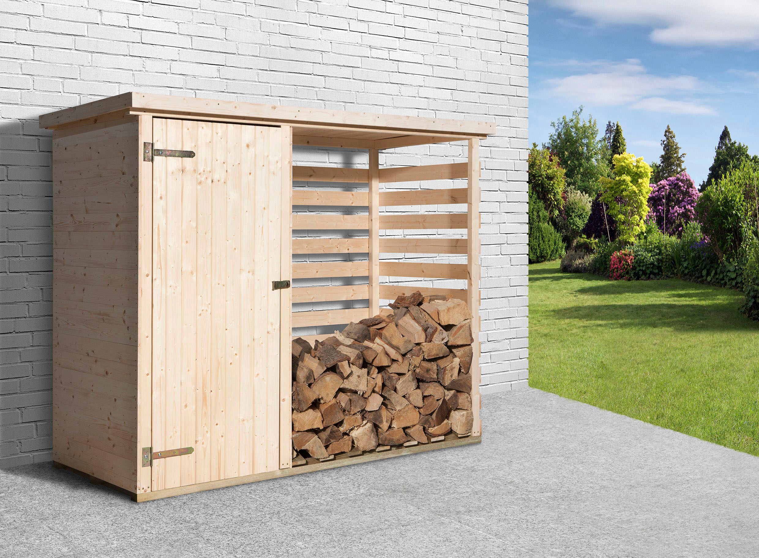 Kaminholzregal WEKA "663", Lagerraum für Brennholz mit integriertem Geräteraum", beige (naturbelassen), B:254cm H:193cm T:96cm, Holz, Kaminholzlager, Kaminholzregal, 2,7m³ Lagerplatz, aus naturbelassenem Fichtenholz