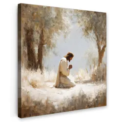 LEINWANDBILD Jesus - Kniend - Waldlandschaft - Betend Wandbild Wohnzimmer 50x50 cm