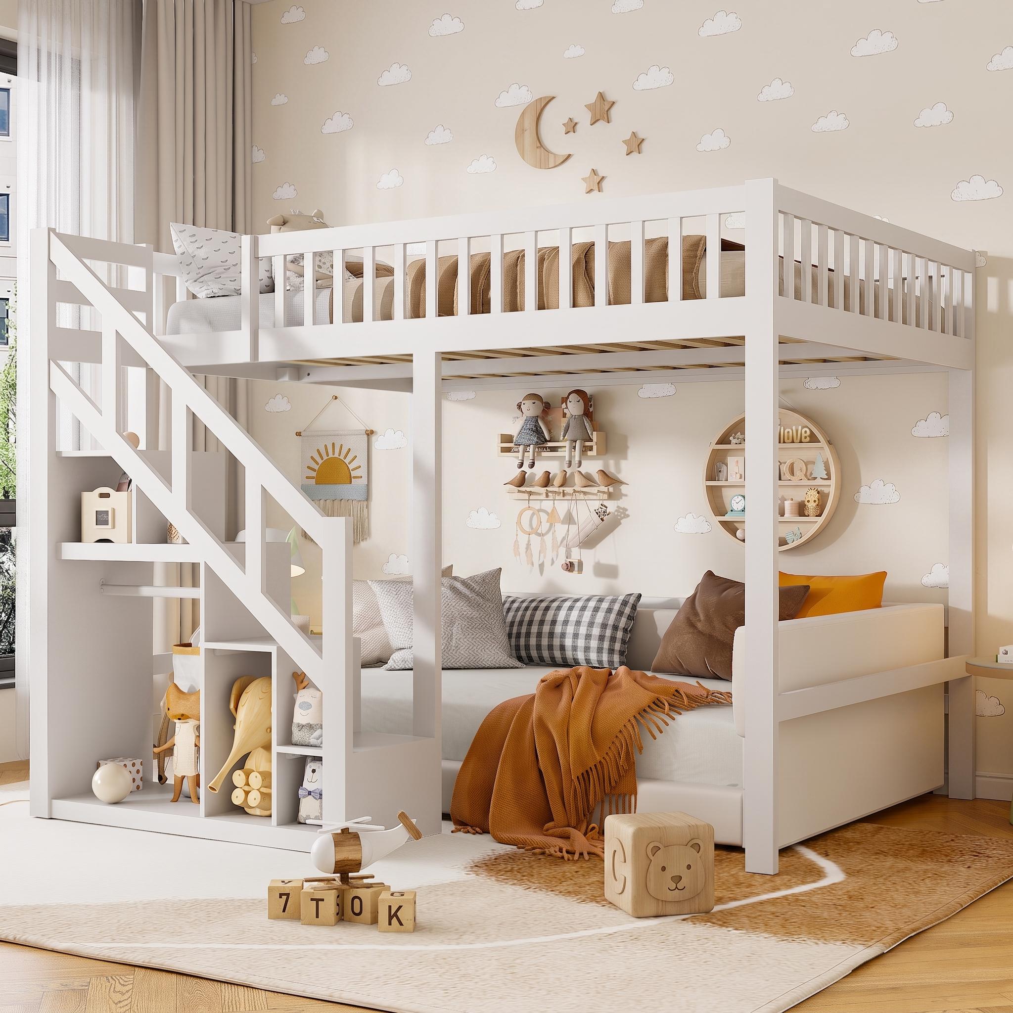 INONEFT Etagenbett 140x200cm, Kinderbett mit Treppe mit Stauraum, Hochbett Holzbett mit Rausfallschutz, Doppelbett, Jugendbett, Weiß
