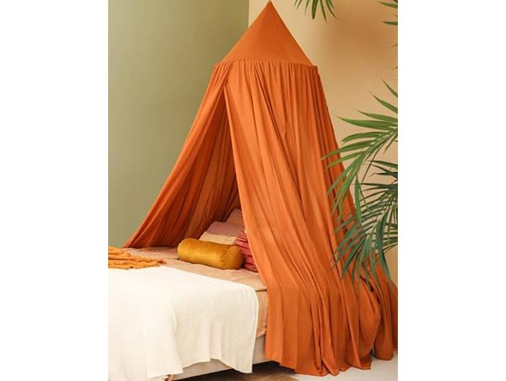 Orange Betthimmel für Doppelbett Rundes Luxuriöses Moskitonetz Dekorativer Baldachin für Bett XXL Himmelbett Vorhänge, 2 Öffnungen