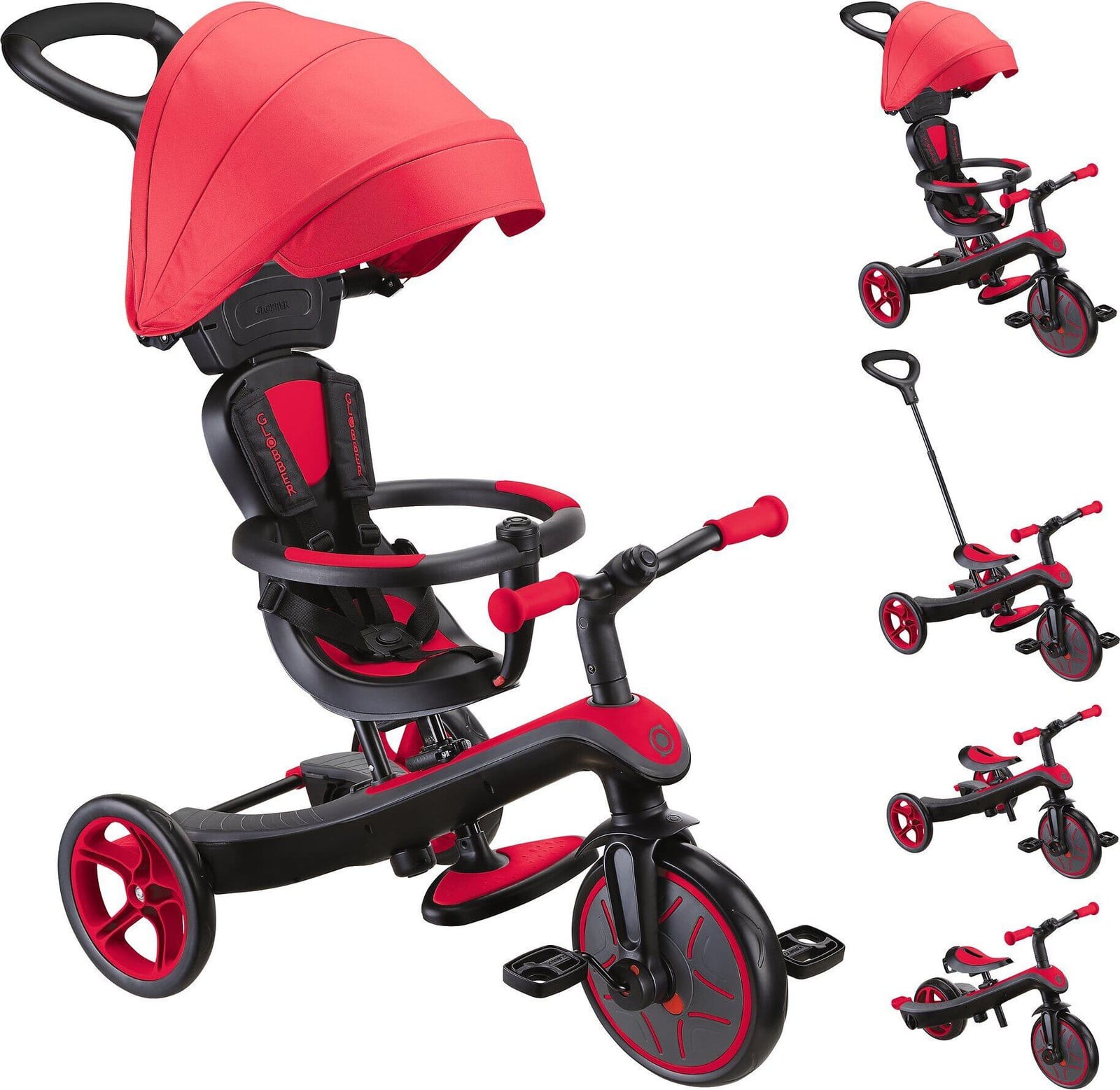 Globber Explorer Trike 4-in-1 kinderwagen, driewieler en loopfiets met verstelbare hoogte en TPR-zitting, rood