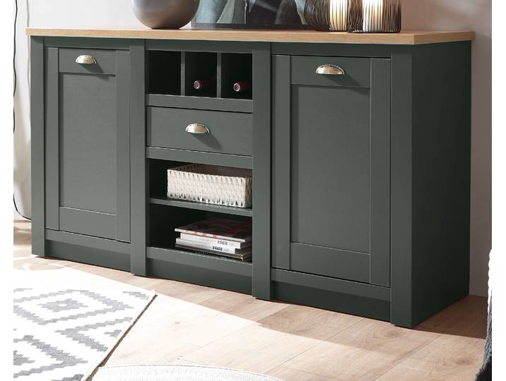 Sideboard \ Norwich\ grün Eiche Landhaus Kommode mit Weinregal 145 x 83 cm