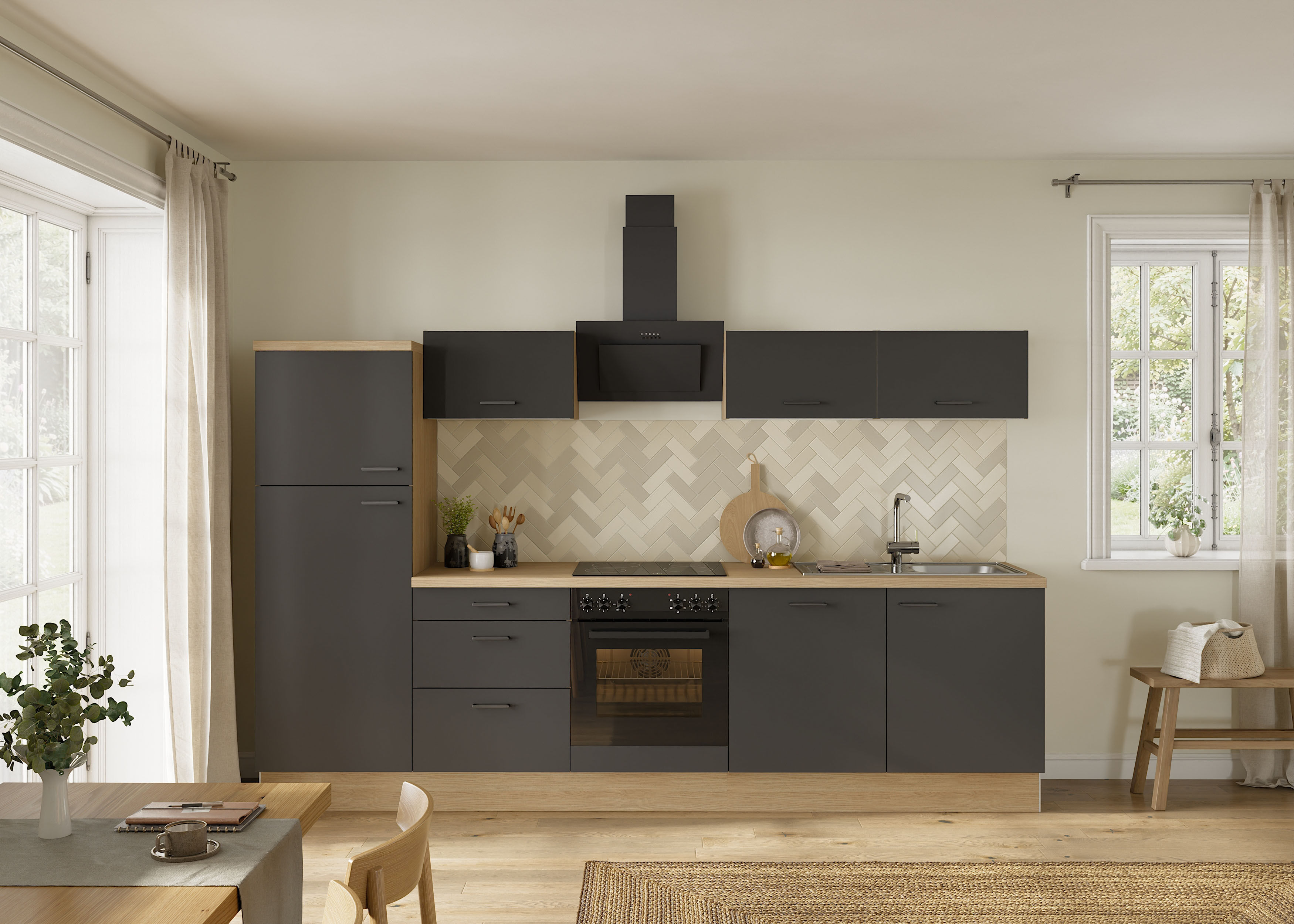 Küchenzeile KOCHSTATION "KS-Sion", küche: grau, korpus: eichefarben, arbeitsplatte: eichefarben hell, B:300cm H:186cm T:60cm, Komplettküchen-Sets, Küchenzeile, Breite 300 cm, schnelle Montage mit OPTIsnap, wahlweise mit E-Geräten küche: grau, korpus: eich