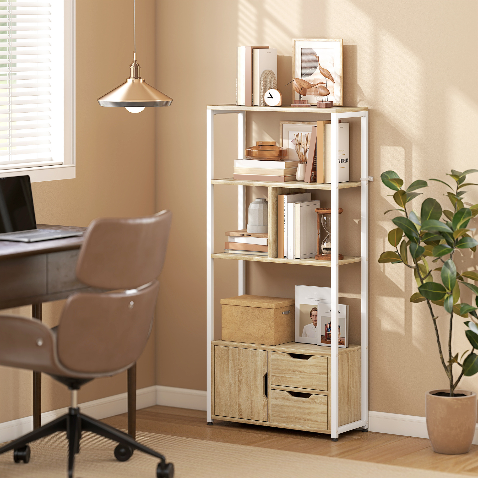 Homcom Libreria Scaffale con Ripiani, Cassetti e Anta per Libri, Stile Industriale, 58x24x122 cm, Bianco e Legno Naturale   Aosom Italy
