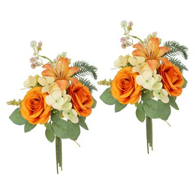Kunstblume I.GE.A. "Kunstblumen-Strauß Rosen Lilien Hortensie", orange, B:18cm H:35cm L:17cm, Polyester, Kunstpflanzen, Blumenstrauß Bouquet Blume Grabschmuck Aufleger Grabdeko
