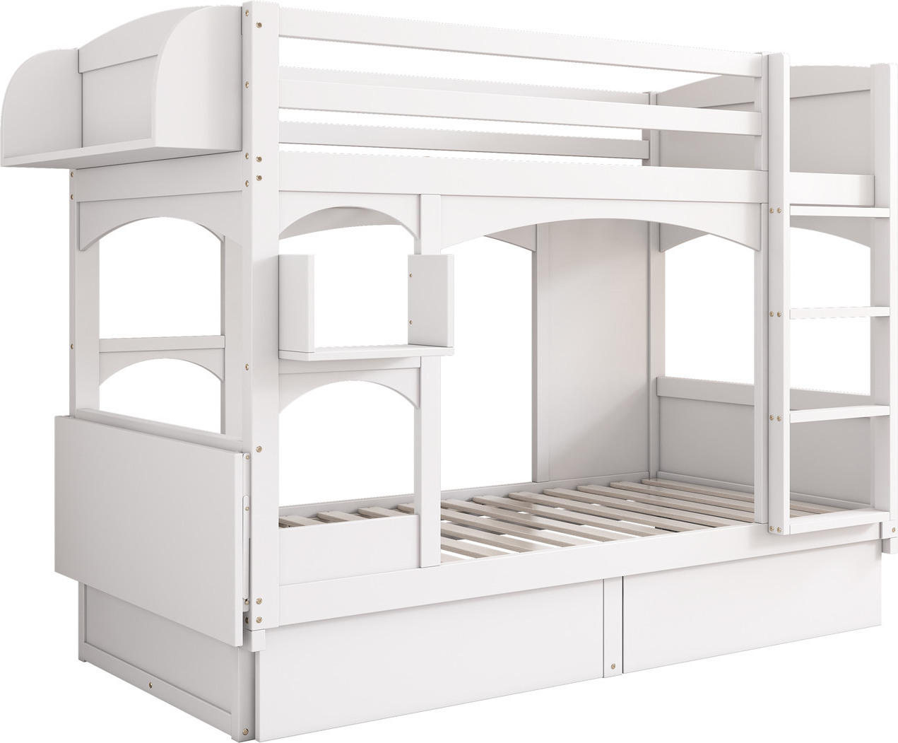Kinder-Etagenbett,Doppelbett,multifunktionales Kinderbett,mit klappbarem Schreibtisch und Regal, mit Leiter und 2 Schubladen,Massivholz