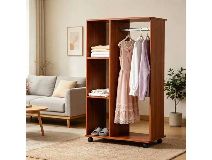 ROVRYN Penderie mobile ouverte 80 x 40 x 128 cm tringle aluminium 3 compartiments roulettes noyer