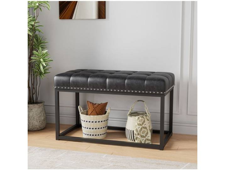 ROVRYN Banc rembourré 90 cm en similicuir noir capitonné structure en métal style vintage industriel