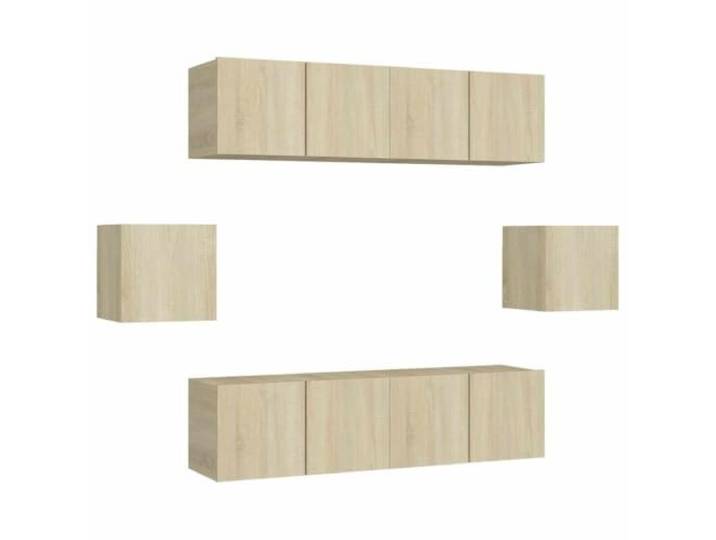Roanoer 6-TLG TV Schrank Set Wandmontage Sonoma-Eiche Holzwerkstoff Platzsparende Wandelemente für Wohnzimmer und Schlafzimmer mit viel Stauraum für Mediengeräte und Dekoration.