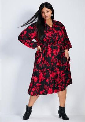 Plus Size Women's Liana Pleated Blouson Sleeve Dress by Avenue in Scarlet Bloom (Size 14)