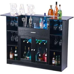 VEVOR Hausbar mit 4 Ebenen, Bartresen aus Holzwerkstoff mit Flaschenablage Weinglashalter LED-Beleuchtung, Bartheke mit viel Stauraum für Wohnzimmer & Keller, Belastbar bis 181,4 kg, 150 x 46 x 110 cm