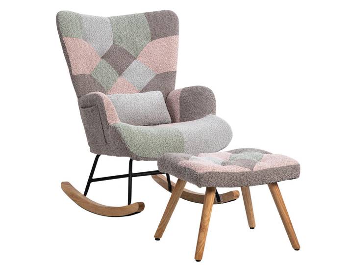 Oxeza Schaukelstuhl Farbenfroh mit 1 Fußstütze und 1 Lendenkissen, Mehrfarbig, Mode, 68x91x83 cm, Wohnzimmer, Sessel, Schaukelstühle