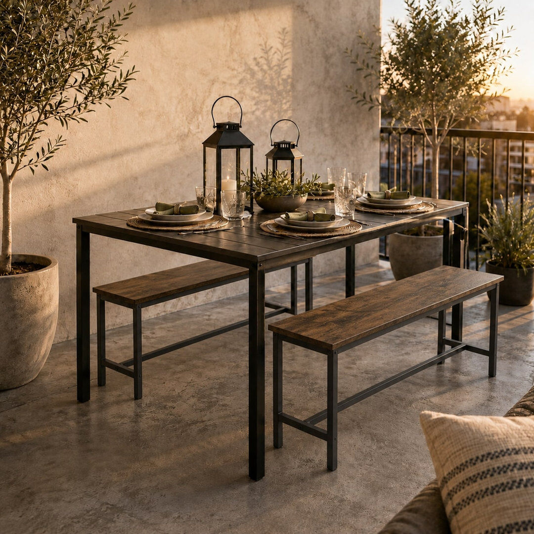 Rio Set of 2 Industrial Dining Bench Powder Coated Steel Frame Table Seating Rustic Oak 50cm H X 108cm W X 32.5cm D