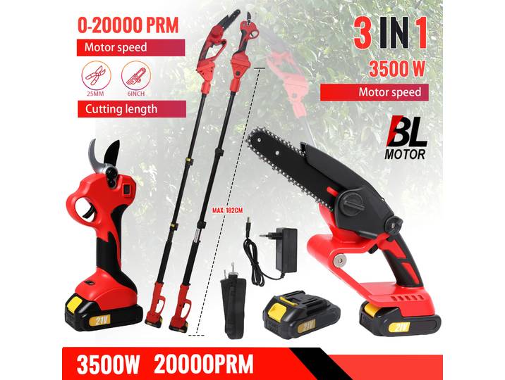 Scie à chaîne télescopique 3-en-1, cisailles électriques pour branches hautes, 2 batteries, scie à chaîne sans balais de 8,5 pouces, utilisée pour l'élagage des arbres