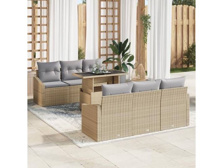 HEFZGDB 7-teiliges Gartensofa-Set mit Kissen in Beige und Grau aus Poly Rattan, inklusive großzügigem Couchtisch mit Glasplatte für Outdoor-Entspannung. Langlebiges und wasserfestes