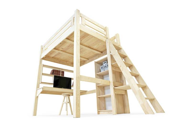 Lit Mezzanine adulte 160x200 bois + échelle hauteur réglable Alpage 160x200 Vernis Naturel