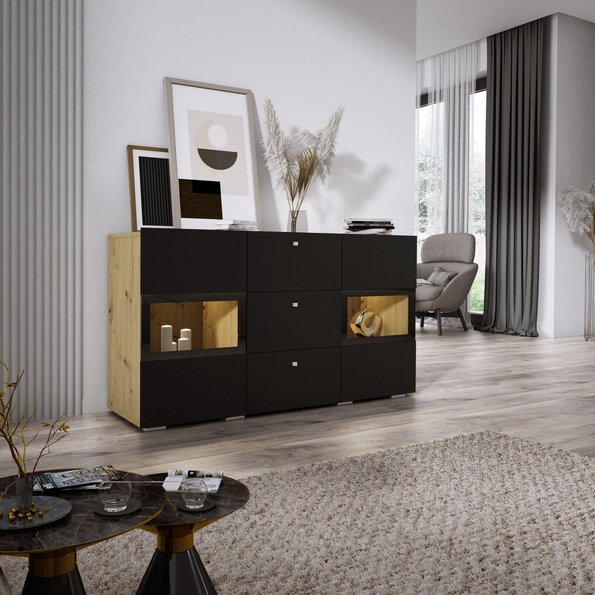 Meubel Square Belix Dressoir met LED-verlichting - Eiken en Mat Zwart