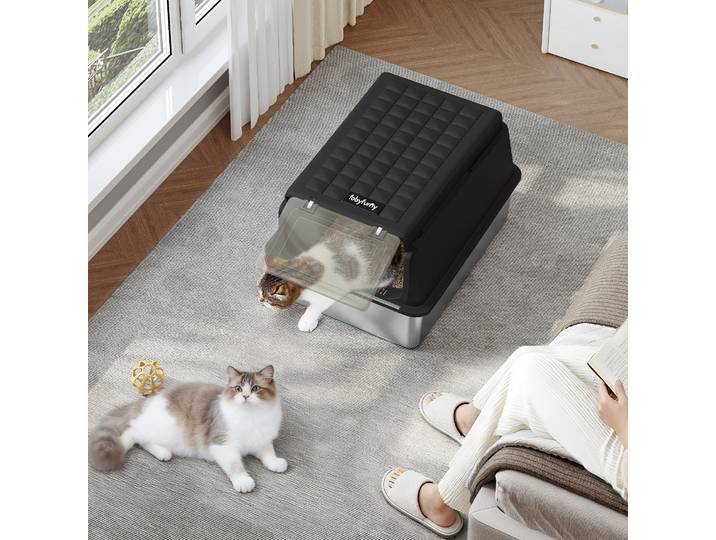 Bac à litière pour chat en acier inoxydable avec couvercle noir, bac à litière pour chat en métal fermé XXL, avec pelle et repose-pieds, 120 ° Couvercle à charnières