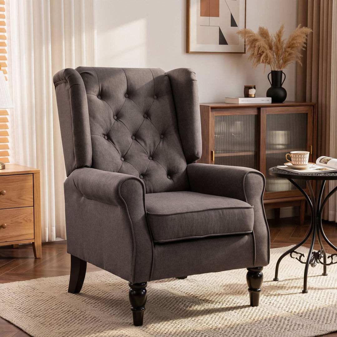 Rosalind Wheeler Crisbel Accent Armchair Home Furniture Retro Tufted Club Wood Fabric Brown 102cm H X 74cm W X 86cm D