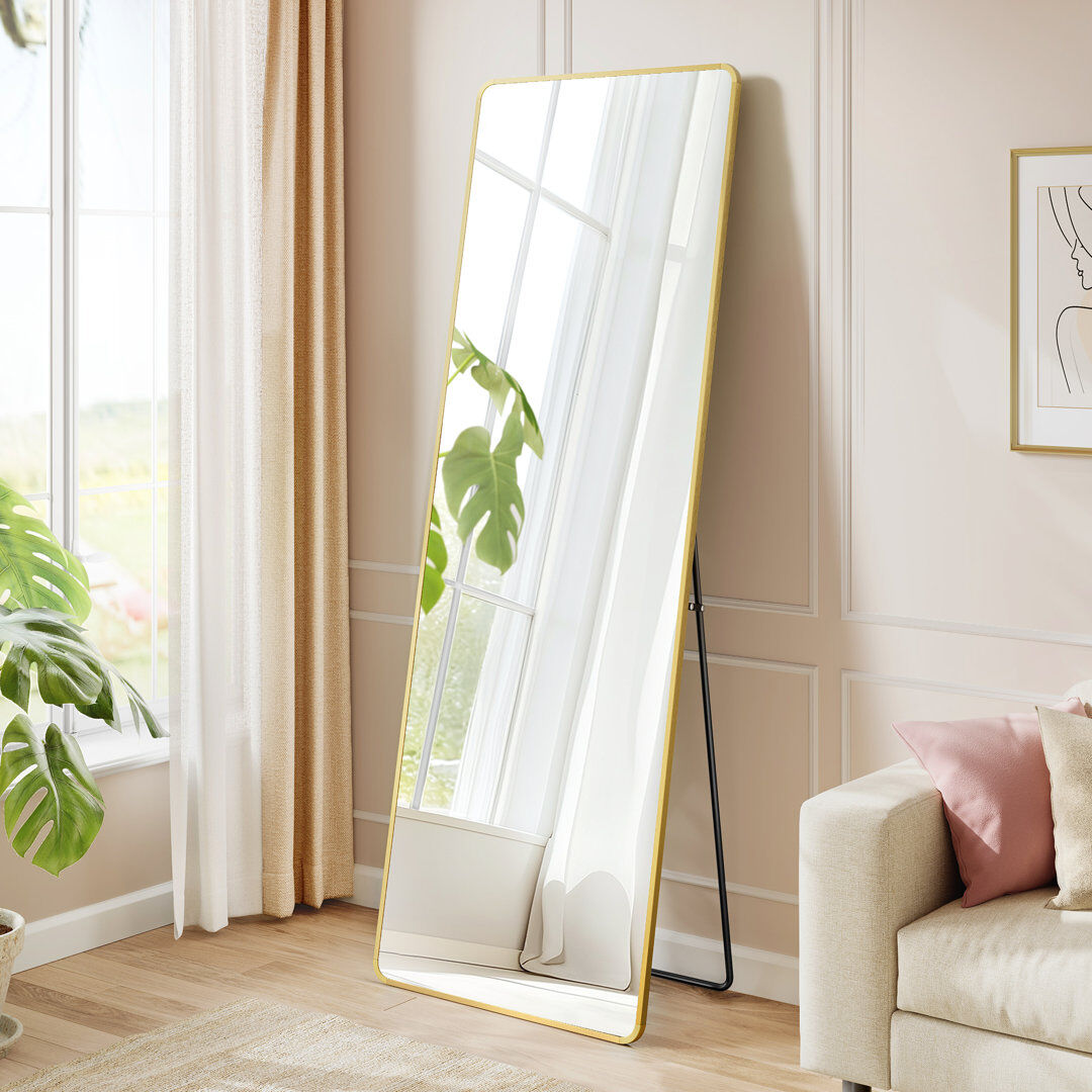 Latitude Run Full Length Mirror, 160 X 50 Cm, Rectangle Full Body Mirror With Stand, Frame Floor Mirror, Tempered Glass, For Bedroom, Living Room, Cloakroom Gold 160cm H X 50cm W X 33cm D