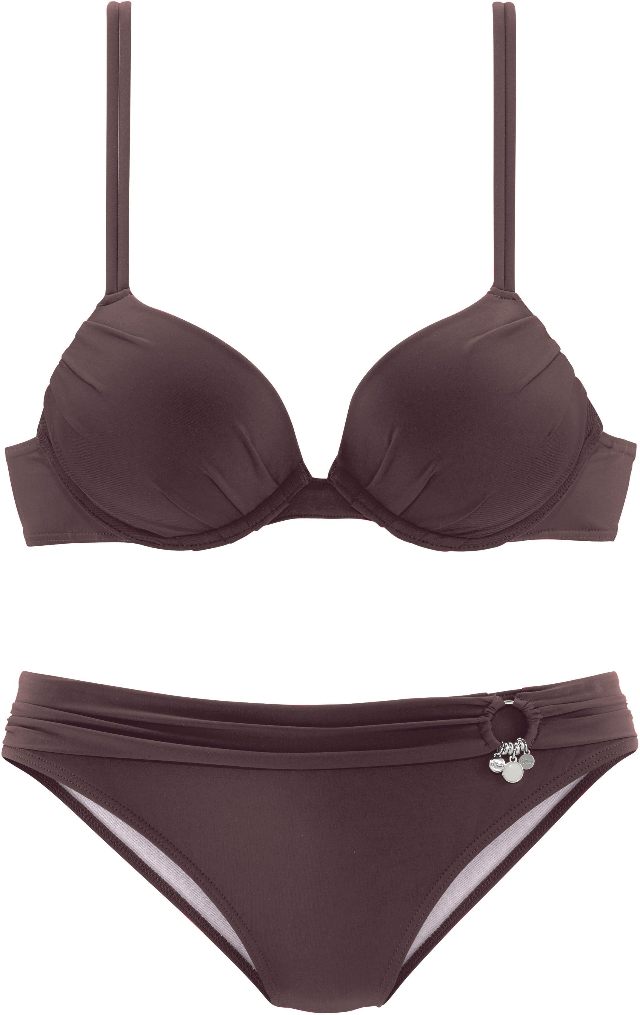 Push-Up-Bikini S.OLIVER, Damen, Gr. 40, Cup A, braun, Microfaser, Polyamid, unifarben, Bikini-Sets Push-Up-Bikini, mit Zierring an der Hose braun 40, Cup A