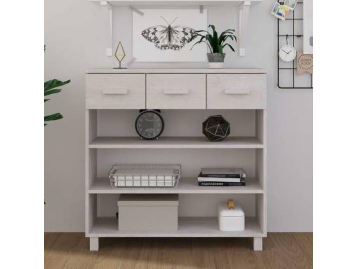 Konsolentisch HAMAR Weiß 90x35x90 cm Massivholz Kiefer mit 3 Schubladen Massivholz Kiefer, 3 Ablagen, 3 Schubladen, Flurtisch, Beistelltisch, Dekoablage