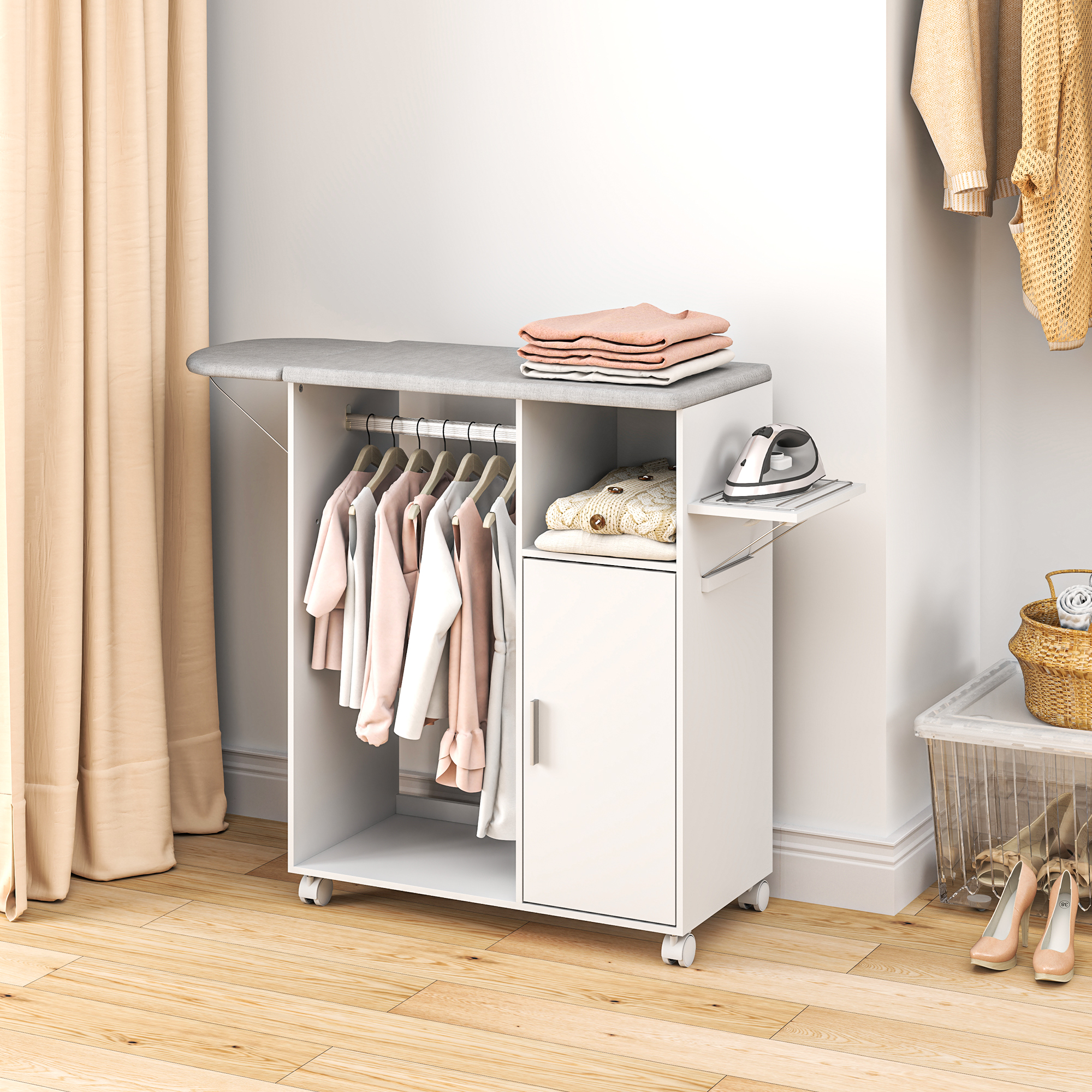 Homcom Mobile Asse da Stiro con Piano d'Appoggio, 3 Ripiani a Cubo e Guida, 127x42.5x99 cm, Bianco Aosom
