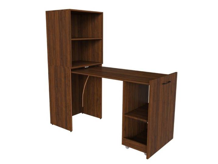Bureau Extensible Aspect Noyer Foncé 126x55x136cm Armoire Rangement Étagères Réglables Gain De Place Pour Chambre Et Bureau
