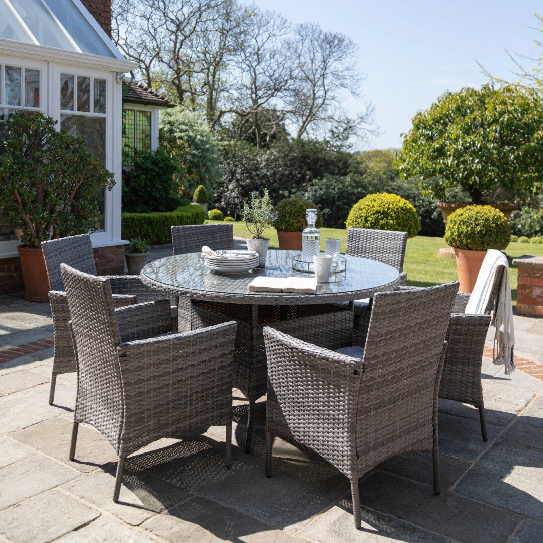 Lark Manor Dubose 6 - Person Patio Dining Set Umbrella Hole Included Round Table with Cushions Included Grey 6