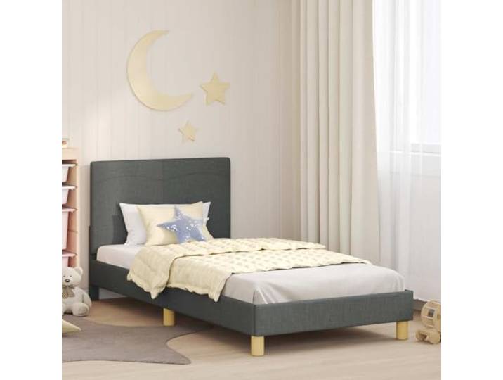 RJPLMFV Bettgestell für Kinder, Dunkelgrau, mit Kopfteil Holz, feste Latten inklusive, Aufbewahrungstaschen, niedriges Design, einfache Reinigung