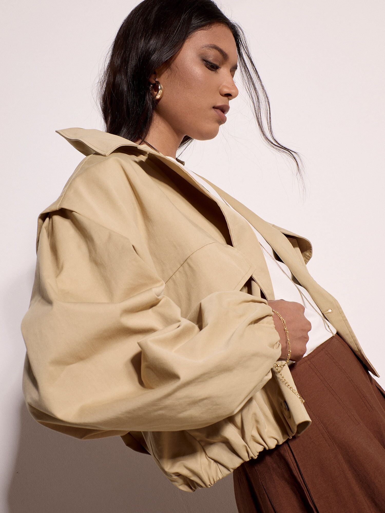 Kurzjacke APRICOT "Kurzer Trenchcoat", Damen, Gr. L (40), weiß (stein), gewebt, , Modisch, figurumspielend Keine Angabe, V-Ausschnitt, Puffärmel, Jacken Kurzjacke, mit auffälligen Knöpfen