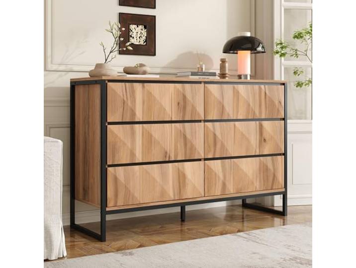 FammyLoft Sideboard Wohnzimmer mit 6-Schubladen, Buffetschrank mit Metallbeinen und Erhabenen Türen, 120 x 40 x 80 cm, Modern Wohnzimmerschrank für Esszimmer & Flur, Schwarz und Holz