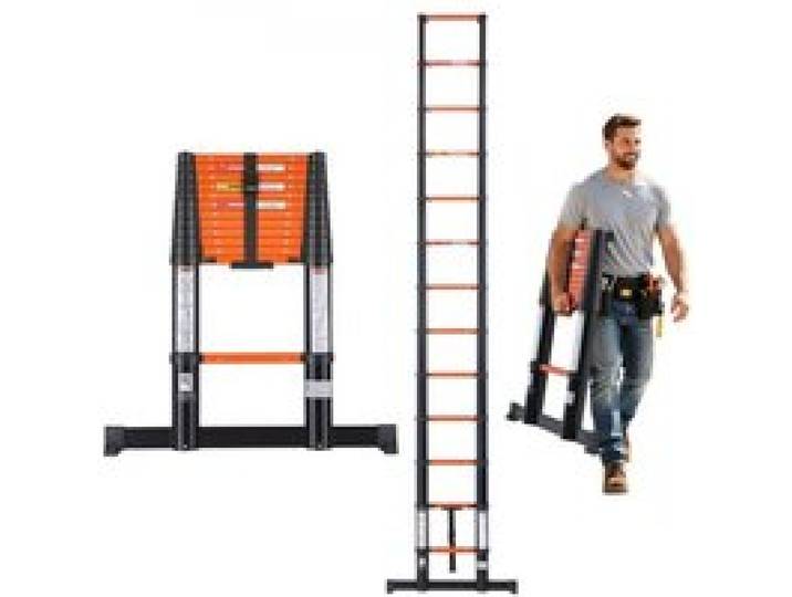 VEVOR Teleskopleiter 380cm Ausziehleiter 150kg Belastbare Aluminiumleiter, Tragbare Klappleiter für Dacharbeiten Außenreparaturen & Wohnmobile, Ein-Knopf-Einzug, Sicherheitsriegel, Rutschfeste Stufen