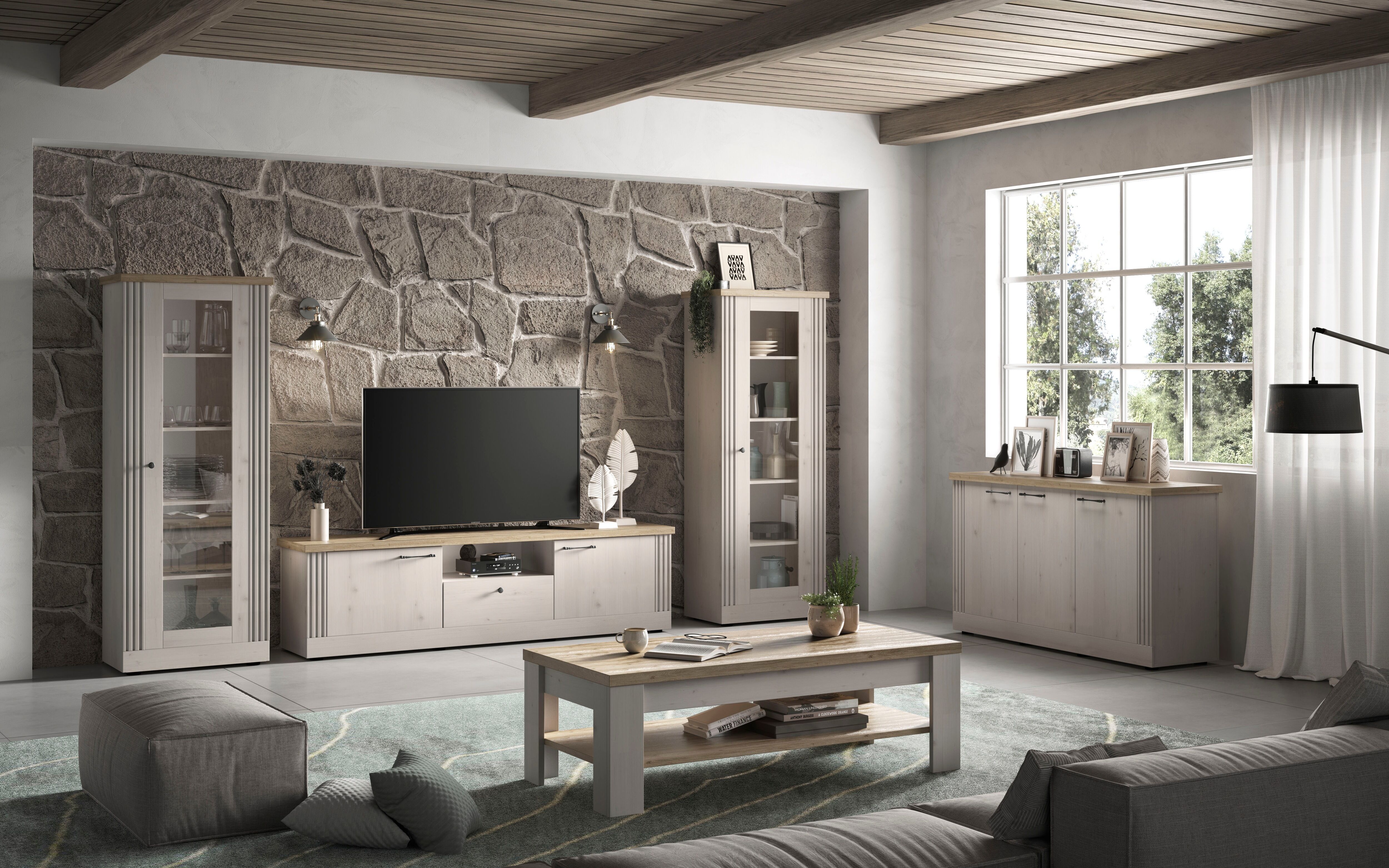 Sideboard GOODPRODUCT "Country Breite 164 cm, Kommode mit 3 Türen, Anrichte im", beige (eiche meringa nb, eiche cadiz nb), B:164cm H:88cm T:44cm, Sideboards, Sideboard, Landhausstil, viel Stauraum, mit Metallgriffe, MDF Rahmen eiche meringa nb, eiche cadi