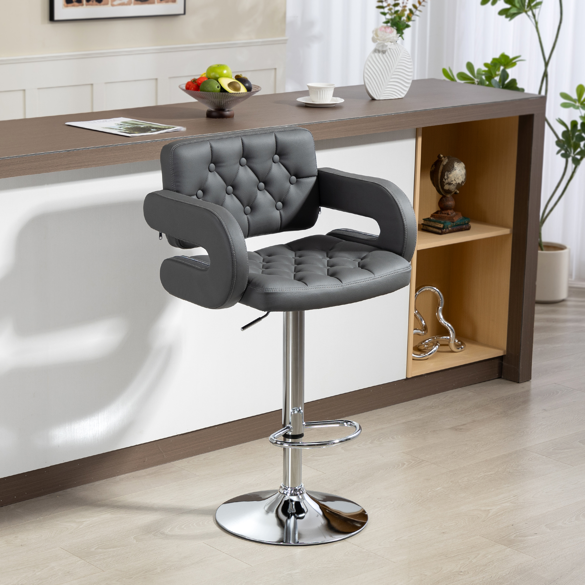 Homcom Sgabello da Bar Regolabile, Seduta Extra Large Girevole in Similpelle PU, Grigio   Aosom Italy